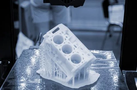 Prototype car engine printed 3D printer molten white plastic on working surface Stock Photos