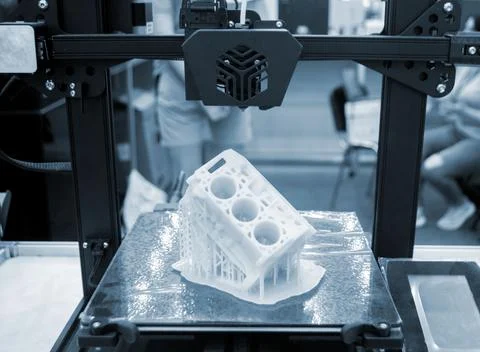 Prototype car engine printed 3D printer molten white plastic on working surface Stock Photos