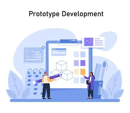 Prototype Development illustration. Detailed view of a team crafting a digital Stock Illustration
