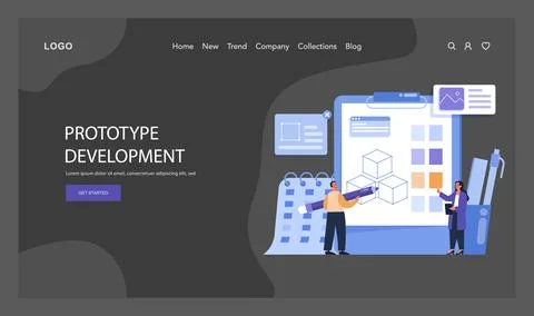 Prototype Development illustration. Detailed view of a team crafting a digital Stock Illustration