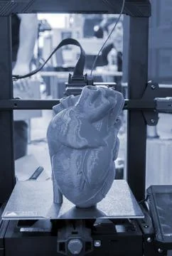 Prototype of human heart printed on 3D printer from plastic on working surface Stock Photos