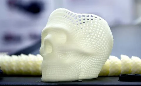 Prototype human skull 3D printed molten white plastic surface close-up Stock Photos