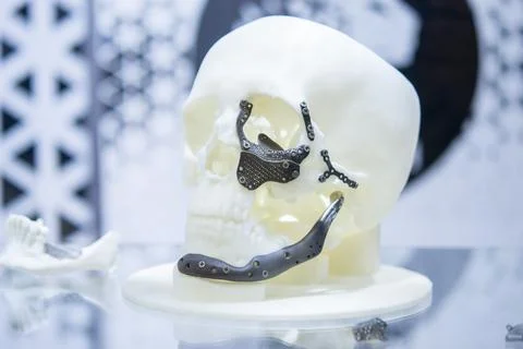 Prototype human skull from white plastic titanium implants form plates surgical Stock Photos