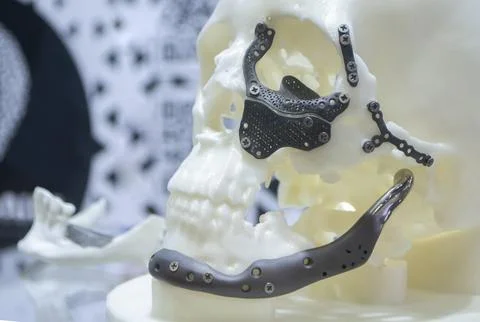 Prototype human skull from white plastic titanium implants form plates surgical Stock Photos
