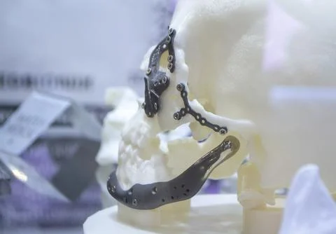 Prototype human skull from white plastic titanium implants form plates surgical Stock Photos