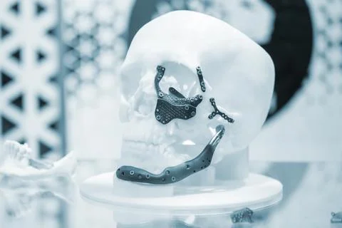 Prototype human skull from white plastic titanium implants form plates surgical Stock Photos