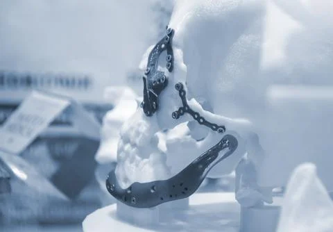 Prototype human skull from white plastic titanium implants form plates surgical Stock Photos