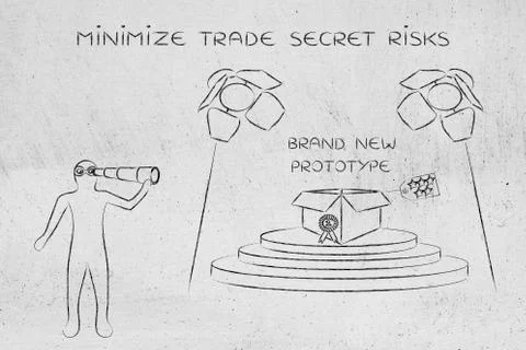 Prototype &amp; man spying on it, concept of trade secrets Illustrazione stock