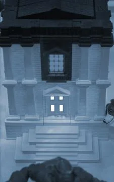 Prototype printed on 3D printer brick building with columns and glowing windows Fotos de archivo