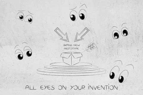 Prototype release on podium surrounded by cartoon eyes looking at it Stock Illustration