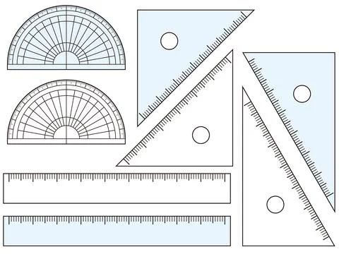 Protractor and triangular ruler set. transparent and light blue ruler. Stock Illustration