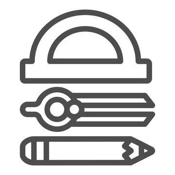 Protractor, drawing compass and pencil line icon, stationery concept, drafting Stock Illustration