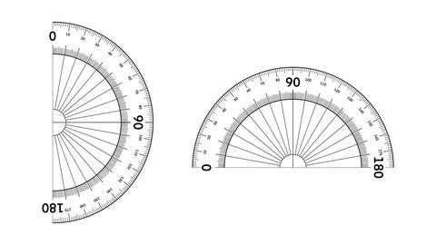 Protractor measuring angles in geometry numbers, educational, math, science Stock Illustration