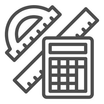 Protractor with ruler and calculator line icon, Mathematics concept, School Stock Illustration