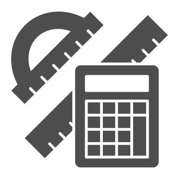 Protractor with ruler and calculator solid icon, Mathematics concept, School Stock Illustration