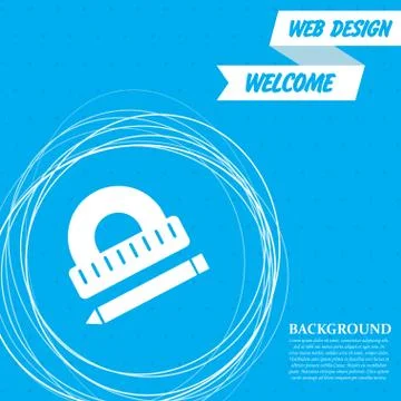 Protractor, ruler, pen icon on a blue background with abstract circles around Illustrazione stock