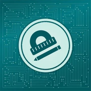 Protractor, ruler, pen icon on a green background, with arrows in different d Stock Illustration