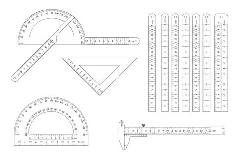 Protractor, ruler straight and angular, vernier caliper outline set. Stockillustratie