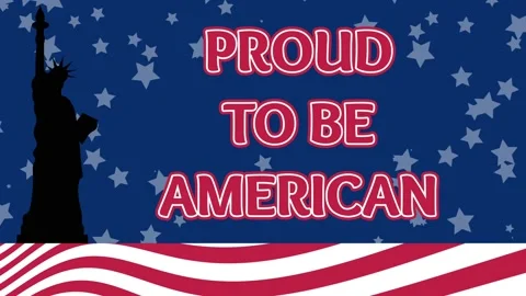 Proud to be American text on falling down white stars and Liberty icon Stock Footage 237757770