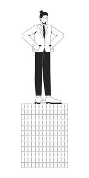 Proud businessman standing on stack of coins 2D line character Stock Illustration