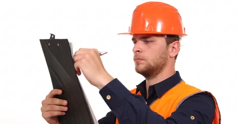 Proud Constructor Engineer Man Looking Clipboard Examining Security Protection Stock Footage 67870043