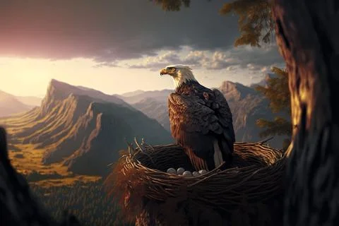 A proud eagle in its nest scouting the beautiful lands Stock Illustration