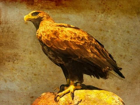 Proud eagle sitting looking down has spotted a prey. Side view image Stock Photos