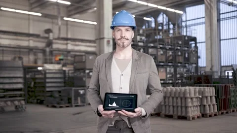Proud engineer showing big data app on tablet computer in industrial hall Stock Footage 149296937