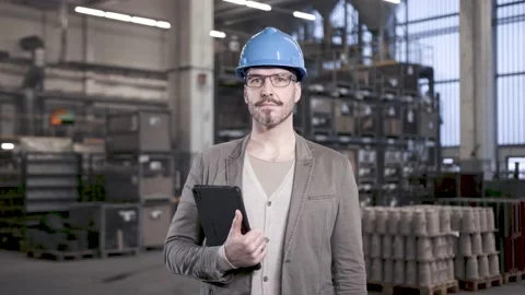 Proud engineer showing carrying tablet computer in industrial hall Stock Footage 149296983