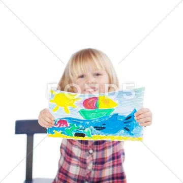 Proud girl showing her painting against white background Stock Photos