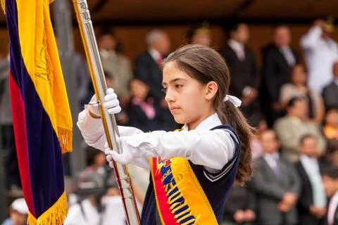 Proudly holding the Ecuadorian flag,a young student celebrates the summer break Stock Photos