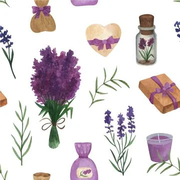 Provence seamless pattern with lavender flowers and gift box, bottle, bag. .. Stock Illustration