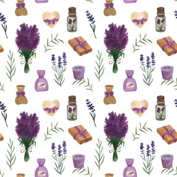 Provence seamless pattern with lavender flowers and gift box, bottle, bag. .. Stock Illustration