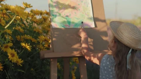 Provence style small kid in straw hat draws on easel on lavender field Stock Footage 137826622