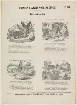 Proverbs; Print warehouse for the youth. Leaf with 4 representations of pr... Stock Photos