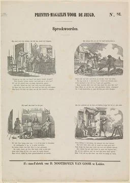 Proverbs; Print warehouse for the youth. Leaf with 4 representations of pr... Stock Photos