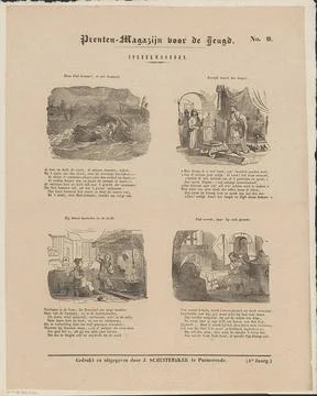 Proverbs; Print warehouse for the youth. Leaf with 4 representations of pr... Stock Photos