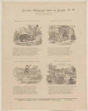 Proverbs; Print warehouse for the youth. Leaf with 4 representations of pr... Stock Photos