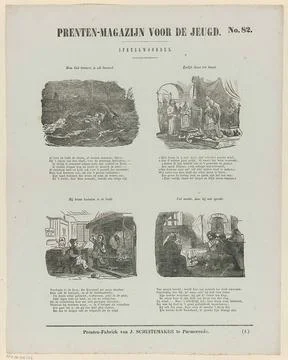 Proverbs; Print warehouse for the youth. Leaf with 4 representations of pr... Stock Photos