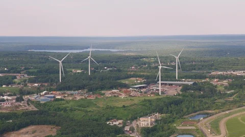 Providence, Rhode Island circa-2019.  Aerial view of wind mills.  Shot from Stock Footage 117567932