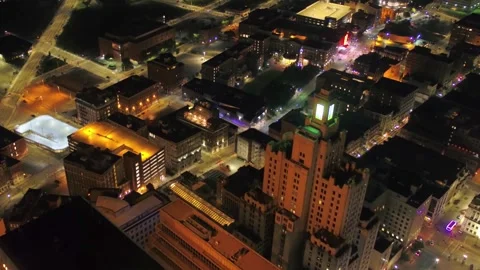 Providence Rhode Island Downtown at Night with City Lights from an Aerial Flight Stock Footage 344876816