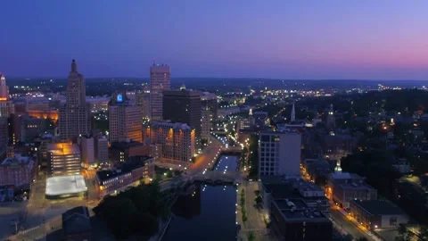 Providence Rhode Island Downtown at Night with Providence River, Aerial View Stock Footage 344876872