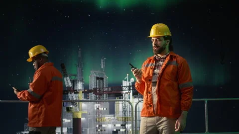 Providing operational updates, global oil crisis and offshore platform engineer Stock Footage 336195783