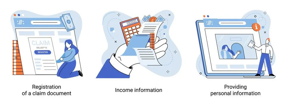 Providing personal information, claim documents concepts set with person submits Stock Illustration