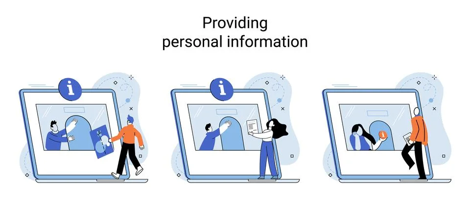 Providing personal information, claim documents concepts set with person submits Stock Illustration