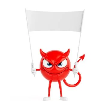 Provocation And Advertising Concept. Red Devil Cartoon Character Holding Bl.. Stock Illustration