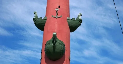 The prows of ships on the Rostral column in St. Petersburg Stock Footage 64989763