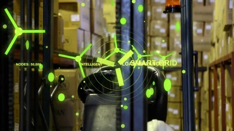 Proximity sensor activating AR HUD over forklift cab, showing turbines and smart Stock Footage 332428675