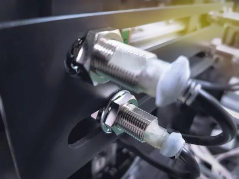 Proximity Sensor on Machine to Detect Moving Metal Parts Foto stock