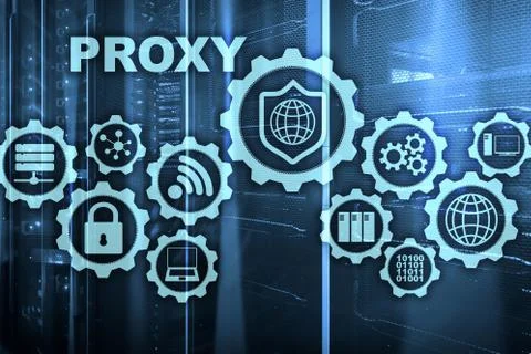 Proxy server. Cyber security. Concept of network security on virtual screen Stock Photos